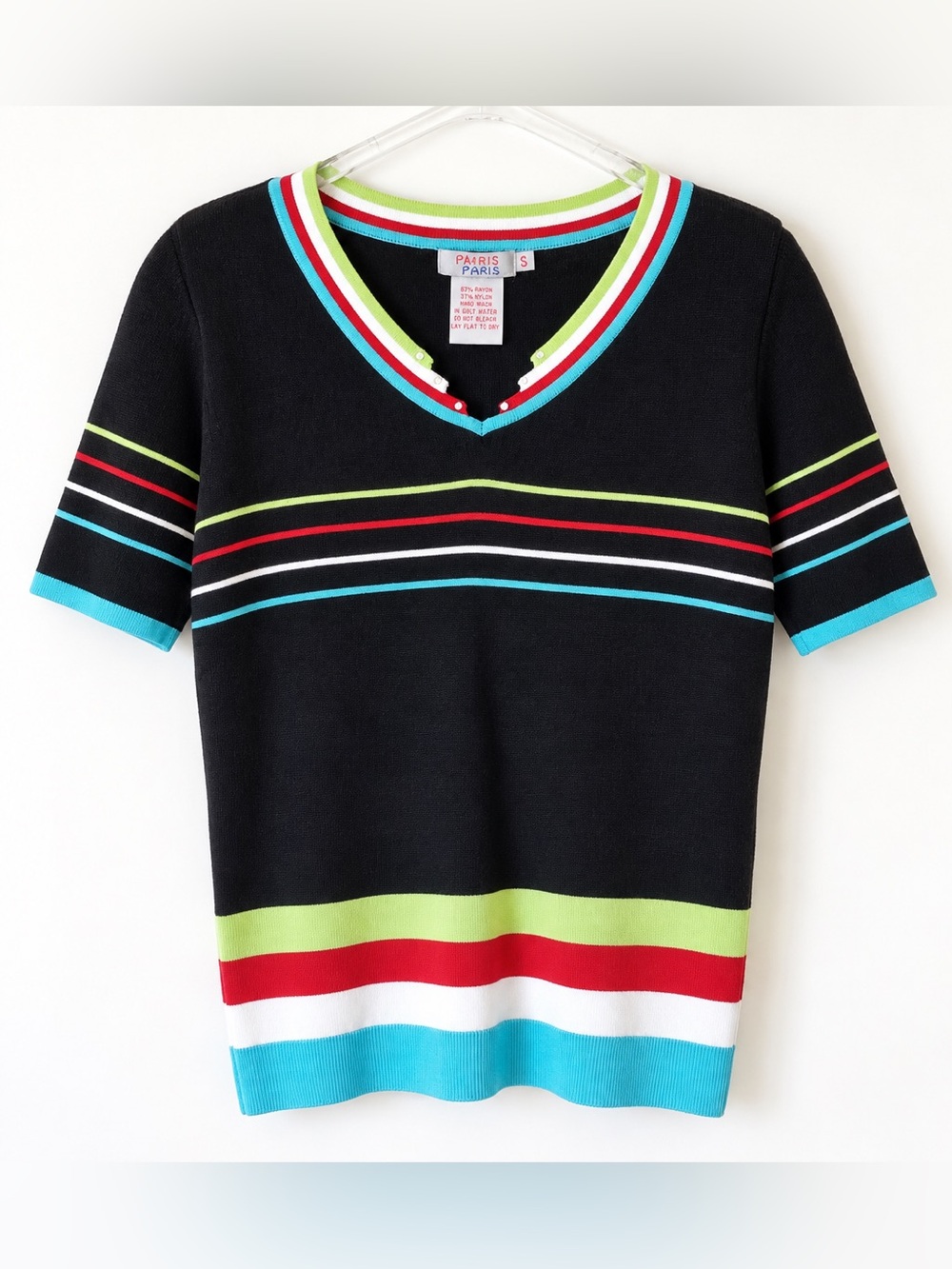 NWT Paris Paris Striped Knit Sweater - Size S Short Sleeve Black Multi